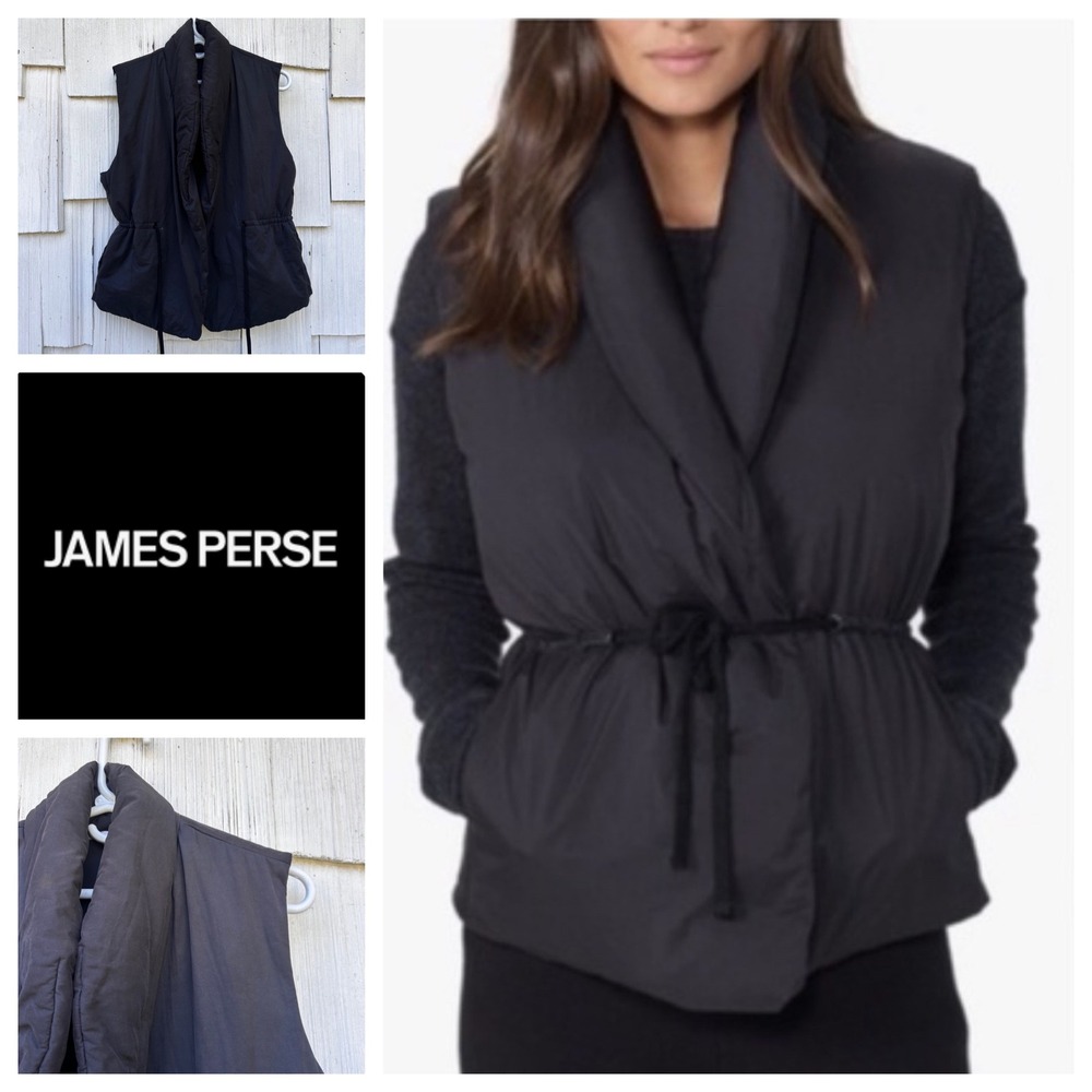 James Perse Black Quilted Shawl Collar Vest Drawstring Waist Size 4